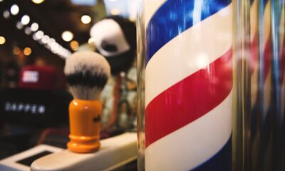 red blue and white barberpole and brush