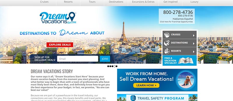 dream vacations website screenshot