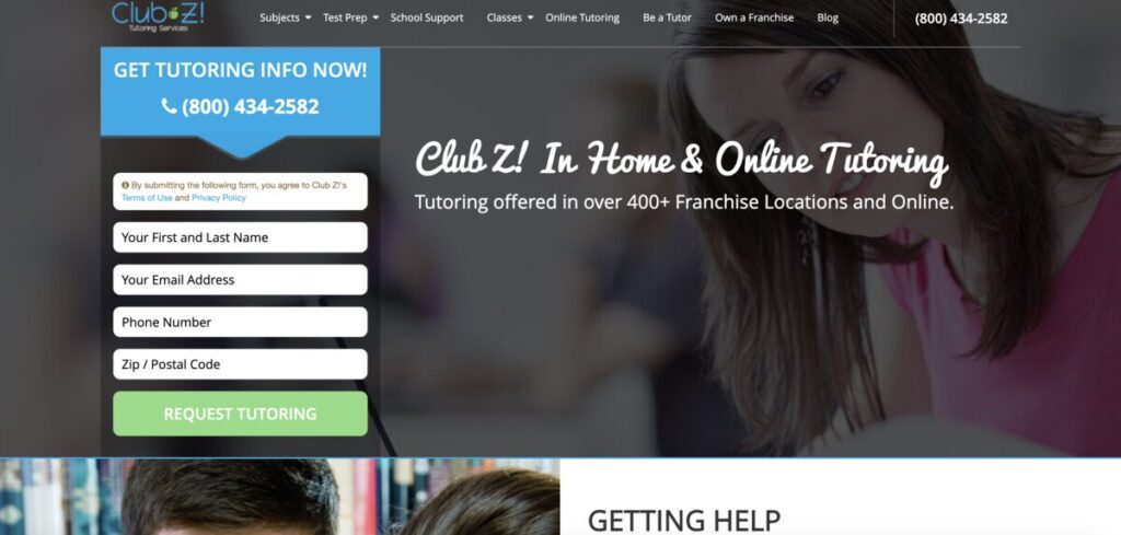 club Z tutoring services screenshot