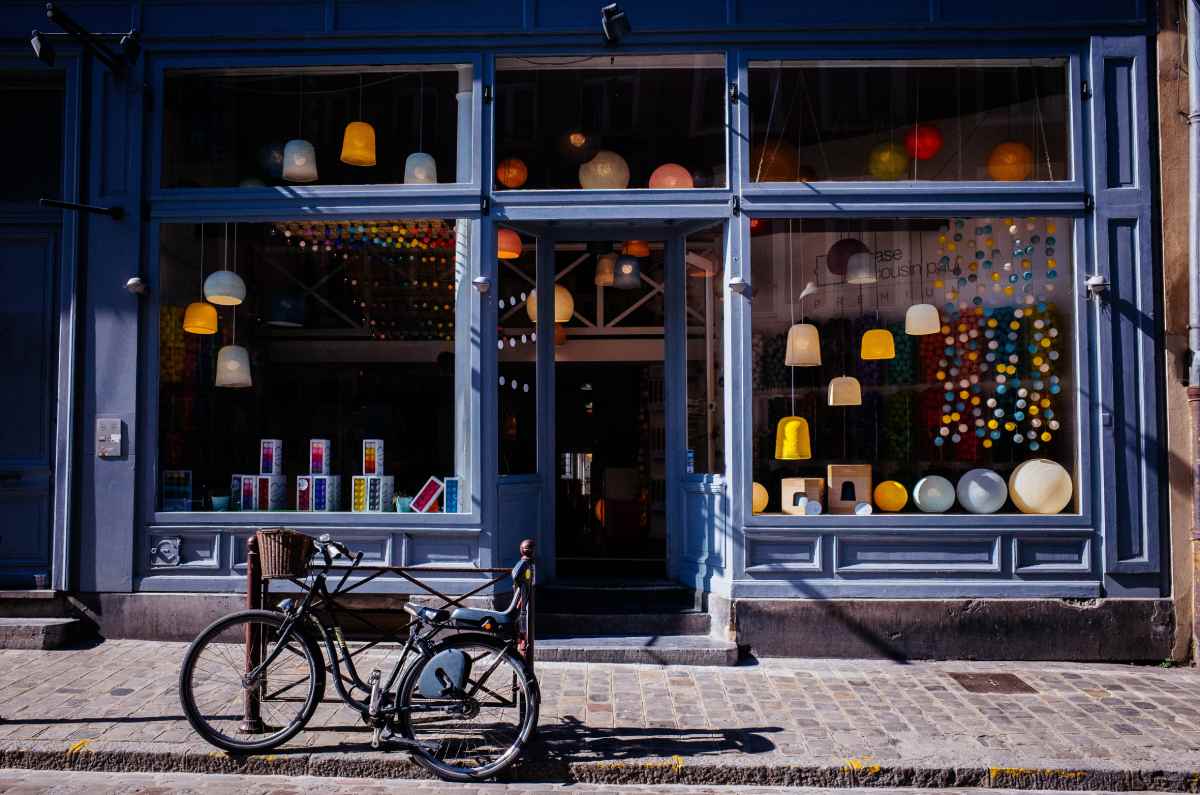 blue storefront and bicycle
